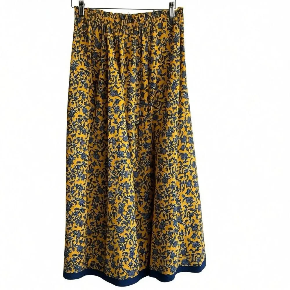 Zara Midi Skirt Sz S Floral Flowy Cotton Mustard Yellow India Boho Unlined